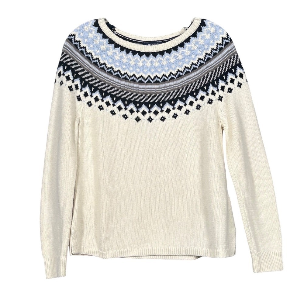 Lands End Fair Isle Yoke Sweater Ivory Blue Cotton Blend Size Small